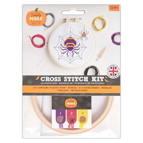 Simply MAKE Kreuzstich-Set, Spinnen-Design, Halloween, Reifen, Stickgarn, Stoff & Nadel, perfekt für Anfänger, Anfänger, Kreuzstich-Bastelset, tolles Geschenk, Bastel-Hobbyisten von Simply MAKE