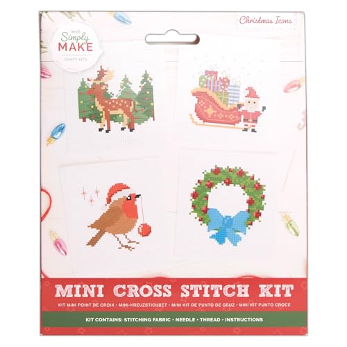 Simply MAKE Kreuzstich-Set, Weihnachtssymbole, 4 Stück, Stickerei, Faden, Stoff und Nadel, perfekt für Anfänger, Anfänger, Kreuzstich-Bastelset, tolles Geschenk, Bastel-Hobbyisten, festliche von Simply MAKE