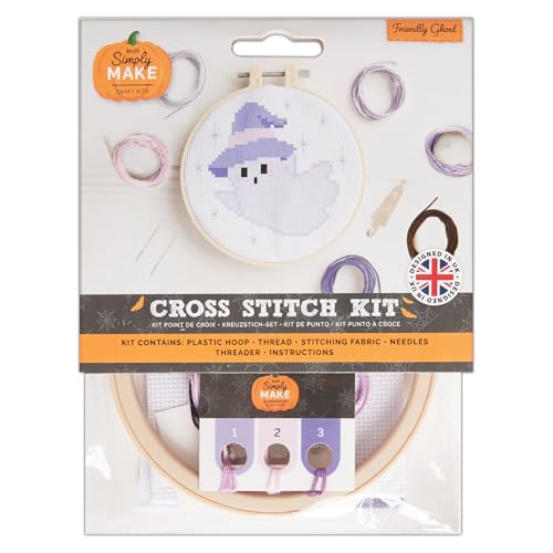 Simply MAKE Kreuzstich-Set Freundliches Geister-Design, Halloween, Reifen, Stickgarn, Stoff & Nadel, für Anfänger, Anfänger, Kreuzstich-Bastelset, tolle Geschenke, Bastel-Hobbyisten, Halloween-Dekor von Simply MAKE