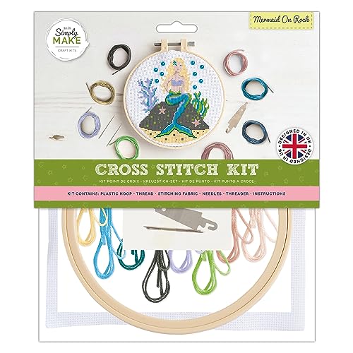 Simply MAKE Kreuzstich-Set – Meerjungfrau auf Felsen für Kinder und Erwachsene, inklusive Reifen, Stickgarn, Stoff und Nadel – perfekt für Erwachsene Handwerk und Anfänger – von Simply MAKE