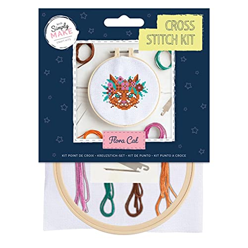 Simply MAKE Kreuzstich-Set – Flora-Katzen-Design für Kinder und Erwachsene, inklusive Reifen, Stickgarn, Stoff und Nadel – perfekt für Erwachsene Handwerk und Anfänger – Starter-Kreuzstich-Bastelset von Simply MAKE