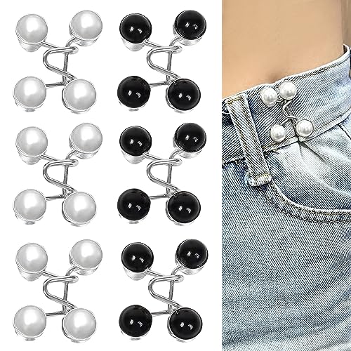 Simsky Pearl Jean Knopfnadeln, 6 Sets Verstellbare Nagelfreie Taillenschnallen, Nähfreiknopf Button Pins Abnehmbarer Jeansknopf Hosen Clips für Hosen Jeans (Schwarz, Weiß, Metall, 18 Stück) von Simsky