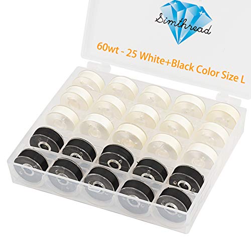 Simthread 25 Stück 15 weiße + 10 schwarze vorgewickelte Garnspulen Größe L (SA155) 60 WT für Husqvarna Viking Pfaff Stickerei Nähmaschine mit transparenter Aufbewahrungsbox aus Kunststoff von Simthread