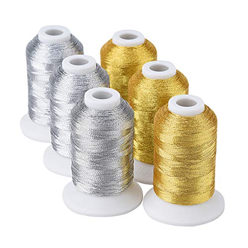 Simthread 6 Spulen Metallisches Stickgarn für Stickerei und dekoratives Nähen (3 Gold + 3 Silber Farben) - 500M(550Y) von Simthread