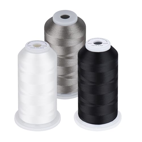 Simthread 60 WT Spulenfüllgarn, Maschinenstickgarn, 5000 m, 3er-Pack, Weiß, Schwarz, Silber von Simthread
