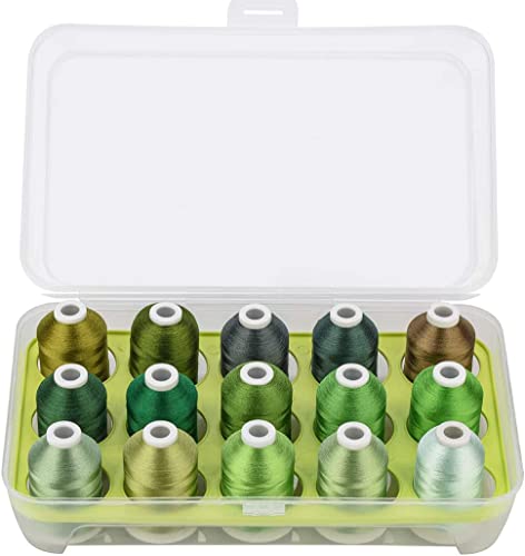 Simthread Maschinenstickgarn mit Aufbewahrungsbox, Polyester, 15 Spulen, Set für Stickerei, Nähmaschine (Grün) von Simthread