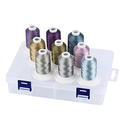 Simthread Metallisches Maschinen-Stickgarn mit Aufbewahrungsbox Organizer, 700M Snap Spulen 9 Colors for Embroidery and Sewing Machine von Simthread