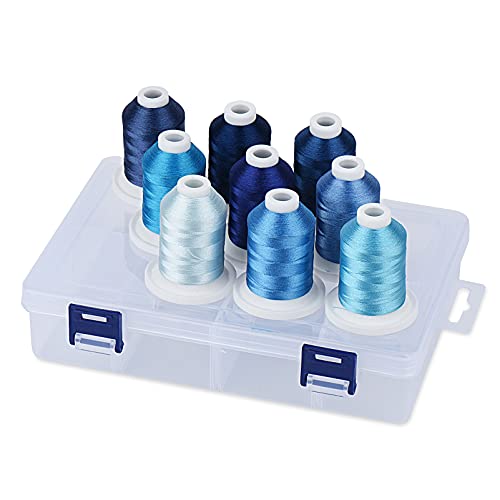 Simthread Polyester Maschinen Stickgarn mit Kunststoff-Aufbewahrungsbox, 9 Blau Farben, 800 Yards Schnappen Spulen, für professionelles Stickdesign von Simthread