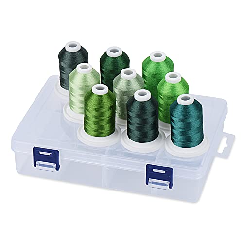 Simthread Polyester Maschinen Stickgarn mit Kunststoff-Aufbewahrungsbox, 9 Grün Farben, 800 Yards Schnappen Spulen, für professionelles Stickdesign von Simthread