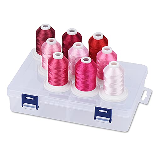 Simthread Polyester Maschinen Stickgarn mit Kunststoff-Aufbewahrungsbox, 9 Rose Farben, 800 Yards Schnappen Spulen, für professionelles Stickdesign von Simthread