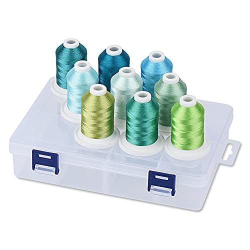 Simthread Polyester Maschinen Stickgarn mit Kunststoff-Aufbewahrungsbox, 9 Türkis und Mint grün Farben, 800 Yards Schnappen Spulen, für professionelles Stickdesign Simthread Polyester Maschinen Stickgarn mit Kunststoff-Aufbewahrungsbox, 9 Türkis und Mint grün Farben, 800 Yards Schnappen Spulen, für professionelles Stickdesign von Simthread
