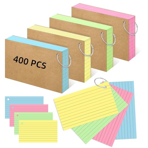 Revisionskarten und Lernkarten, liniert, mit 4 Metallringen, mehrfarbiges Kraftpapier, Lernkarten für Schule, Zuhause und Büro, Prüfungsvorbereitung, 400 Stück von Sinaya