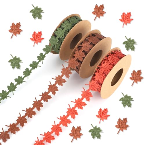 3 Rollen Ahornblatt Fall Band, 13,72m Thanksgiving Bänder Braun Orange Grün Ahorn Herbst Trim Verzierung für DIY Bastelarbeiten Geschenkverpackung Saisonale Dekoration von Sinbana