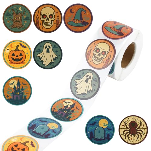 500stk Halloween-Aufkleber für Kinder, 3,8cm Große Runde Aufkleber mit Verschiedenen Designs Kürbisse Spinnen Totenköpfe Mehr für Leckerli-Tüten Partygeschenke Bastelarbeiten und Halloween-Dekor von Sinbana