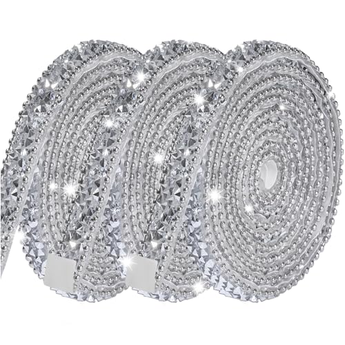 Sinbeon 3 Rollen Strassband Glänzendes Selbstklebendes Funkelndes Diamantband Dekoratives Strassband Glitzersteine für Basteln DIY Hochzeitsgeschenk (Silber, 10mm) von Sinbeon