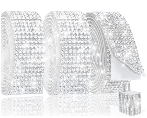 Sinbeon 3 Rollen strasssteine selbstklebend, 2,7 Meter, selbstklebendes funkelndes Diamantband, DIY für Dekoration, Geburtstag, Geschenk (Silber,18mm,8-reihiger Strass) von Sinbeon