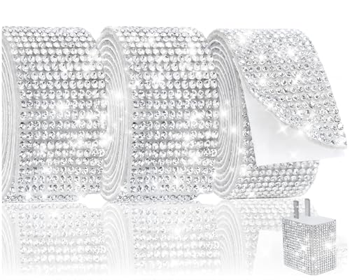 Sinbeon 3 Rollen strasssteine selbstklebend, 2,7 Meter, selbstklebendes funkelndes Diamantband, DIY für Dekoration, Geburtstag, Geschenk (Silber,26mm,12 Row Strass) von Sinbeon