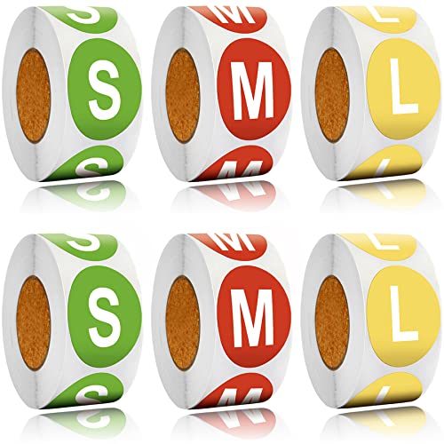 FEILIBAY 3000Pcs Clothing Size Stickers 1 inch Round Coded Self Adhesive Labels T-Shirt Size Stickers for Clothes Shirt Skirt Retail, 6 Rolls, 3 Size(S, M, L), Assorted Colors von Sincelo
