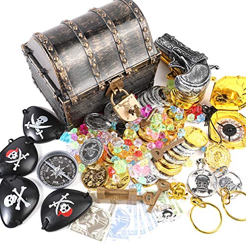 Sincere Party Piraten-Schatzkiste aus Bronze mit Piratenmünzen, Piraten-Juwelen, Augenklappen, Ringen, Ohrringen, Kompass, Spielzeugpistole, Abzeichen, 16 Stück Papiergeld Sincere Party Piraten-Schatzkiste aus Bronze mit Piratenmünzen, Piraten-Juwelen, Augenklappen, Ringen, Ohrringen, Kompass, Spielzeugpistole, Abzeichen, 16 Stück Papiergeld von Sincere Party