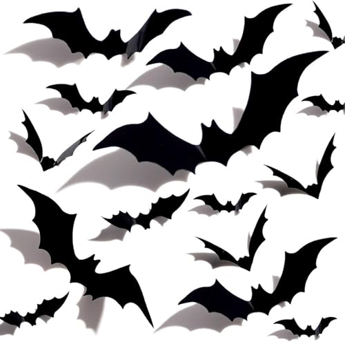 60 Stück 3D Große Halloween Fledermäuse Aufkleber, Schwarz Fledermäuse Wandaufkleber Abnehmbares Fledermaus DIY Halloween Party Deko für Haus Fensterdeko Wanddekoration den Innen- und Außenbereich von Sinekong