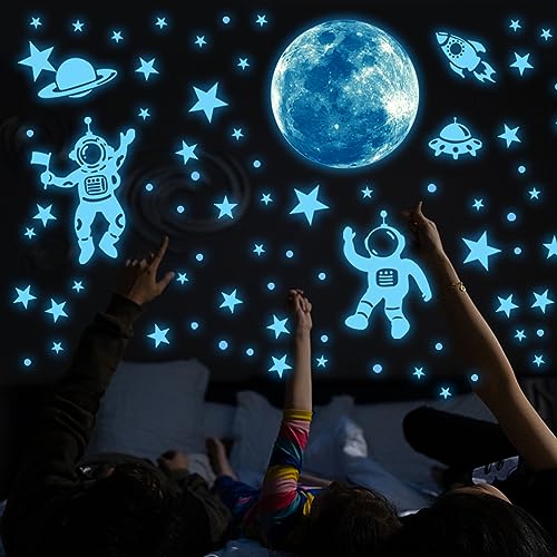 Leuchtsterne Kinderzimmer Sterne leuchtend Selbstklebend Wandsticker Wandaufkleber Kinderzimmer Junge Mädchen Kinder Mond Astronaut Leuchtaufkleber Schlafzimmer Wohnzimmer Wandtattoo Blau von Sinekong
