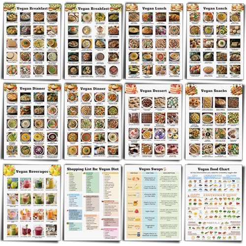 Sinload 12 Stück vegane Lebensmittellisten-Poster, vegane Ernährung, Mahlzeitenplan, proteinreiches Veggie-Lebensmitteldiagramm, Leitfaden für gesunde Ernährung für Küche und Zuhause von Sinload