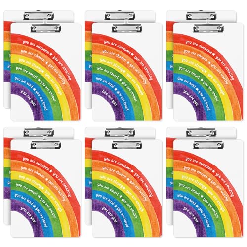 Sinload Klemmbrett aus Kunststoff für Studenten, Lehrer, inspirierend, A4, farbiges Klemmbrett mit niedrigem Profil, für Lehrer, Klassenzimmer, Schule, Bürobedarf, 12 Stück (Regenbogenmuster) von Sinload