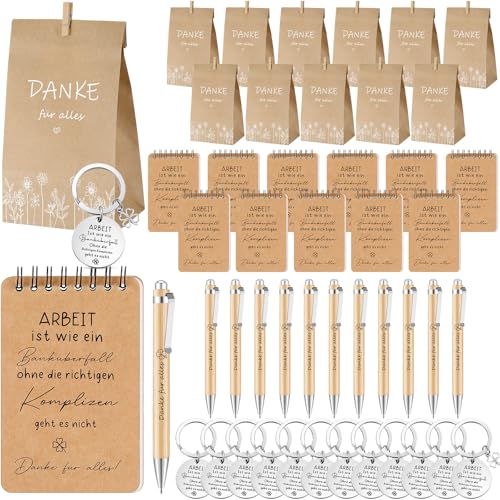 Sinmoe 12 Set Danke Geschenke für Kollegen Mitarbeiter Spirale Notizblock Holz Kugelschreiber Kraftpapiertüte Schlüsselanhänger Holzklammer Abschiedsgeschenk(ARBEIT Ist wie ein Banküberfall) von Sinmoe