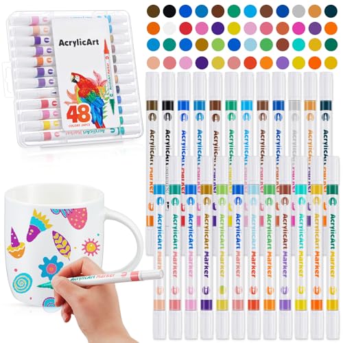 Sinmoe 24er Set Acrylstifte mit Doppelspitze in 48 Farben - Porzellanstifte Spülmaschinenfest, Filzstifte zum Bemalen von Tassen, Töpferwaren, Keramik, Stein, Holz, Metall (sanfte Farben) von Sinmoe