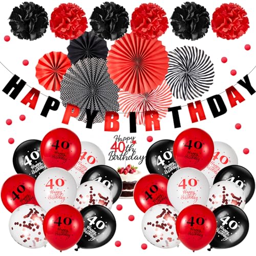 Sinmoe 34 Stück Geburtstag Deko Rote Schwarze Geburtstag Party Deko Happy Birthday Ballons Konfetti Luftballons Banner Pompons Papierfächer Girlande für Frau Mann (40. Geburtstag) von Sinmoe