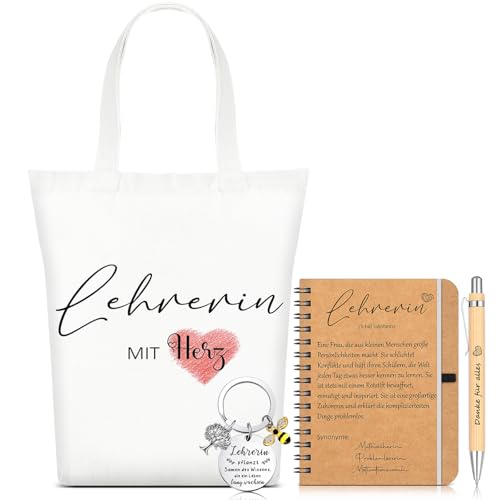 Sinmoe 4er Set Beste Lehrerin Geschenke Dankeschön Geschenke für Lehrer Spirale Notizblock Holz Kugelschreiber Tasche Schlüsselanhänger Abschiedsgeschenke für Danke Erzieherin Grundschule Weihnachten von Sinmoe