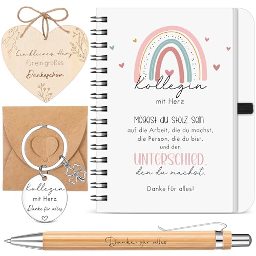 Sinmoe 5 Dankeschön Geschenke für Kollegin Regenbogen-Spiralnotizbuch Schlüsselanhänger Kugelschreiber Danke für Alles Dankeskarte aus Holz, Weihnachts- und Abschiedsgeschenke für Kollegin von Sinmoe