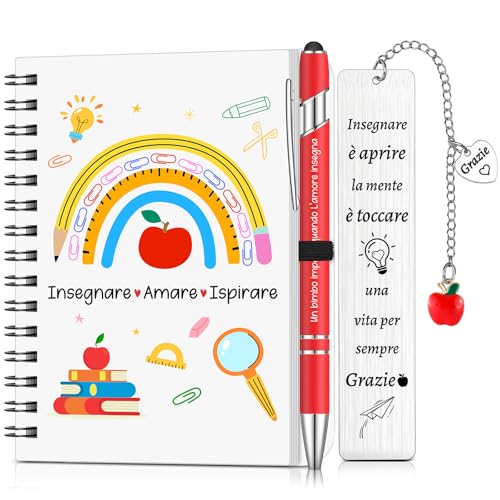 Sinmoe Dankeschön Geschenkset für Lehrer Enthalten A6-Spiralnotizbuch Rosa Druckkugelschreiber Lesezeichen mit Blumenanhänger aus Metall Tag Der Lehrer Geburtstag Abgeschlossen(Insegnare) von Sinmoe