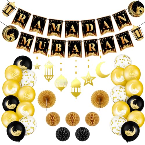 Sinmoe Eid Mubarak Dekoration Set inklusive Wiederverwendbares Schwarzes und Goledenes Ramadan Mubarak Banner Islamische Hängende Mond Sterne Girlande Wabenbälle Papierfächer und Latexballons von Sinmoe