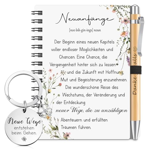 Sinmoe Neuanfang Geschenk Abschiedsgeschenk für Kollegen Schüler A6 Spiral Notizbuch Holz Kugelschreiber Glücksbringer Schlüsselanhänger Neuer Job Geschenk für Freundin Lehrer Auswandern Ruhestand von Sinmoe