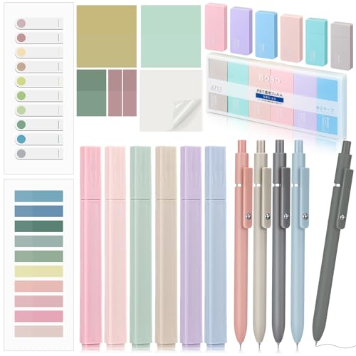 Sinmoe Pastell Schreibwaren Set 6 Ästhetische Textmarker Set 5 Stück 0,5mm Pastell Gelschreiber mit Schwarzer Tinte 6 Pastell Korrekturbänder 3 Haftnotizen Morandi Schreibwaren für Bibel Schule Büro von Sinmoe