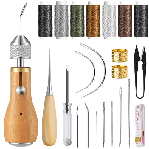 Sinofort 21 Stück Leder Nähset, Leder Werkzeuge Set Enthalten Nähahle, Ledernadeln-Hand, Wachsfaden, Nadel, Messingring, Spule, Greifer, Handnähmaschine Für Dicke Stoffe Sinofort 21 Stück Leder Nähset, Leder Werkzeuge Set Enthalten Nähahle, Ledernadeln-Hand, Wachsfaden, Nadel, Messingring, Spule, Greifer, Handnähmaschine Für Dicke Stoffe von Sinofort