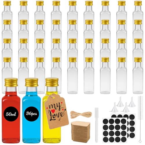 Sinofort 36 Stück Kleine Flaschen zum Befüllen, 50ml Mini Fläschchen Plastik, Wiederverwendbar Shot Flaschen zum Befüllen mit Deckel, Trichter, Anhänger, Seile, Stift und Pinsel für Hochzeiten Party von Sinofort