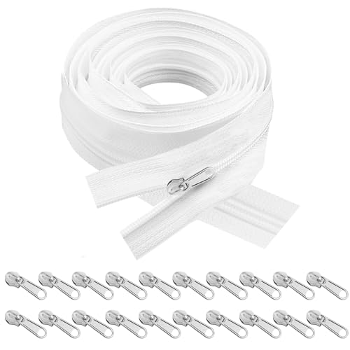 Sinofort Endlosreißverschluss mit Zipper,20m Endlosreißverschluss, 3 cm breit Endlosreissverschluss für Bettwäsche Kleidung Tasche Meterware,Weiß Nylon Reißverschluss Endlos, 20 Metall Schieber von Sinofort