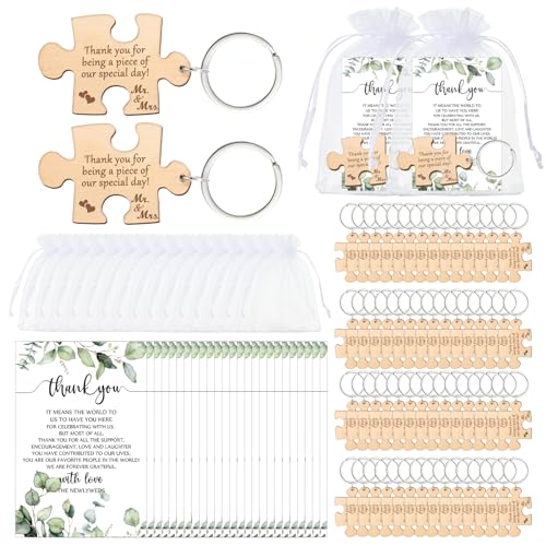 Sintuff 100 Sets Hochzeitsgeschenke für Gäste, rustikaler Holzpuzzle-Schlüsselanhänger, Dankeskarte, Organza-Beutel, Hochzeit, Party, Brautparty, Souvenir (Naturholz) von Sintuff