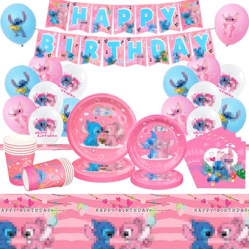 Lilo & Stitch Partygeschirr, 84 Stück Lilo und Stitch Geburtstag Deko, Stitch Geburtstag Party Set Enthält Stitch Luftballon, Banner, Pappteller, Pappbecher, Servietten, Tischdecken (Rosa) von Sinwind