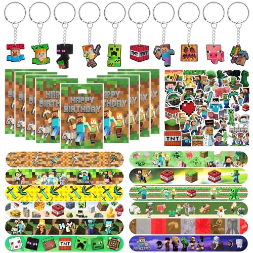 Miner Videospiel Party Mitgebsel, 82 Pcs Miner Kindergeburtstag Gastgeschenke, Pixel Party Give Aways Pinata Füllung für Kinder mit Schlüsselanhänger, Armbänder, Geschenktüten, Aufkleber, Bleistifte von Sinwind