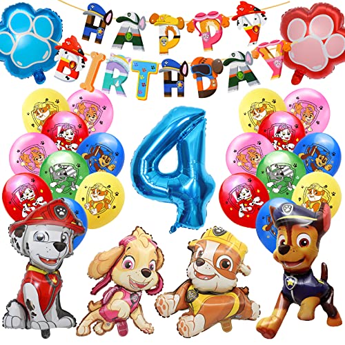 Paw Dog Geburtstag Deko 4 Jahre, Hund Kindergeburtstag Deko 3 Jahre, Paw Dog Luftballons Folienballons Happy Birthday Banner für Thema Kindergeburtstag Party Deko (4) von Sinwind