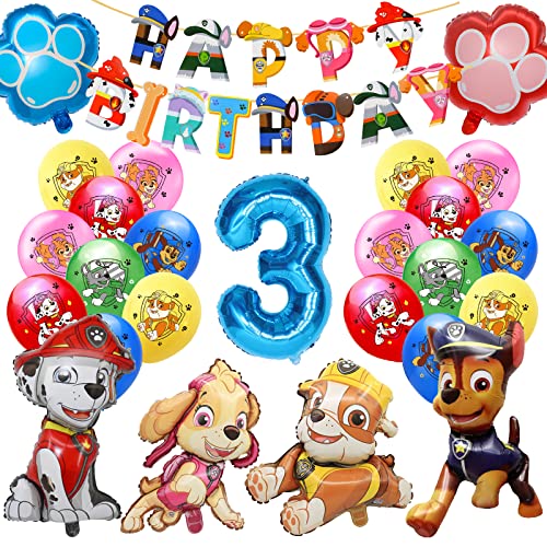 Paw Dog Geburtstag Deko 3 Jahre, Hund Kindergeburtstag Deko 3 Jahre, Paw Dog Luftballons Folienballons Happy Birthday Banner für Thema Kindergeburtstag Party Deko (3) von Sinwind