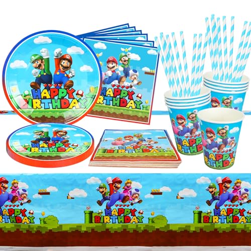 Super Mario Partygeschirr Set, 73 Pcs Super Mario Geburtstag Geschirr Kit, Super Mario Party Deko, Partyzubehör mit Teller, Becher, Tischdecke, Servietten, Trinkhalme (A) von Sinwind