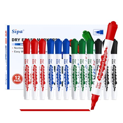 Sipa Whiteboard Marker, 12 Whiteboard Stifte abwischbar, Set mit 4 Farben Flipchart Stifte Marker, Keilspitze 4mm Linienbreite, ideal für Klassenzimmer, Büro und Kinder, unverzichtbarer Schulbedarf Sipa Whiteboard Marker, 12 Whiteboard Stifte abwischbar, Set mit 4 Farben Flipchart Stifte Marker, Keilspitze 4mm Linienbreite, ideal für Klassenzimmer, Büro und Kinder, unverzichtbarer Schulbedarf von Sipa