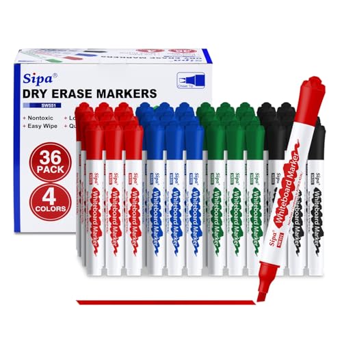Sipa Whiteboard Marker, 36 Whiteboard Stifte abwischbar, Set mit 4 Farben Flipchart Stifte Marker, Keilspitze 4mm Linienbreite, ideal für Klassenzimmer, Büro und Kinder, unverzichtbarer Schulbedarf Sipa Whiteboard Marker, 36 Whiteboard Stifte abwischbar, Set mit 4 Farben Flipchart Stifte Marker, Keilspitze 4mm Linienbreite, ideal für Klassenzimmer, Büro und Kinder, unverzichtbarer Schulbedarf von Sipa