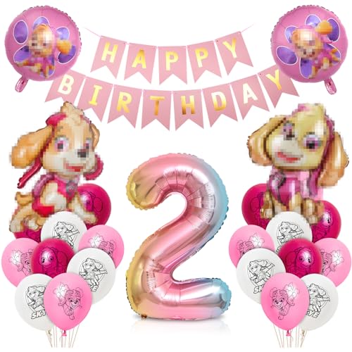 Geburtstagsdeko Mädchen, Hund Patrol Geburtstag Deko 2 Jahre, Sky Luftballons Set, Rosa Ballon Deko 2. Geburtstag, Folienballon Zahl 2, Happy Birthday Banner für Dekoration Kindergeburtstag Party von Siphus