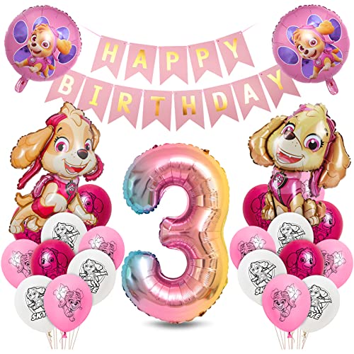 Geburtstagsdeko Mädchen, Hund Patrol Geburtstag Deko 3 Jahre, Sky Luftballons Set, Rosa Ballon Deko 3. Geburtstag, Folienballon Zahl 3, Happy Birthday Banner für Dekoration Kindergeburtstag Party von Siphus