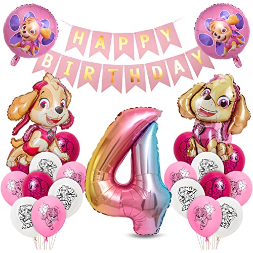 Geburtstagsdeko Mädchen, Hund Patrol Geburtstag Deko 4 Jahre, Sky Luftballons Set, Rosa Ballon Deko 4. Geburtstag, Folienballon Zahl 4, Happy Birthday Banner für Dekoration Kindergeburtstag Party von Siphus